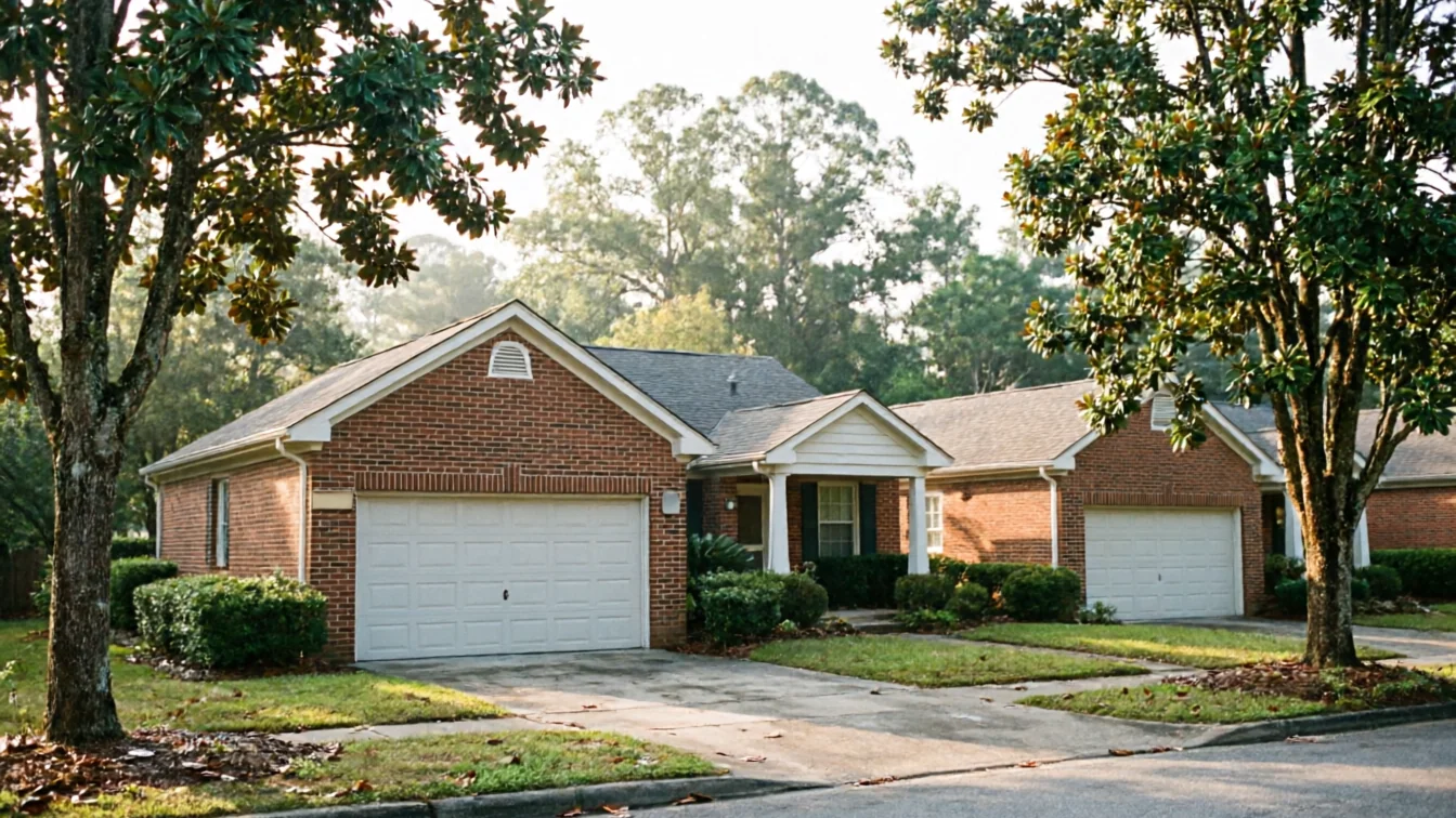 A row of brick houses with white garage doors and green landscaping.