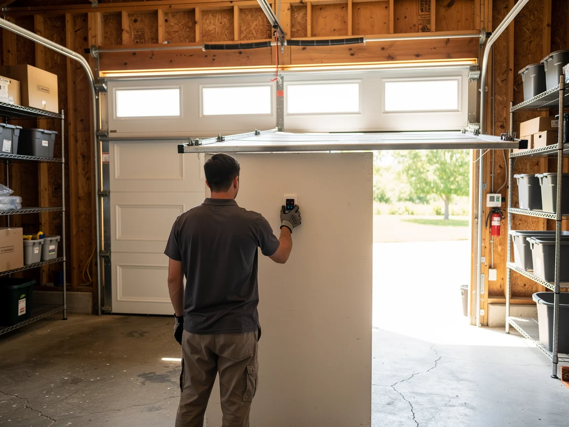 A technician adjusts a wall-mounted garage door opener control panel.