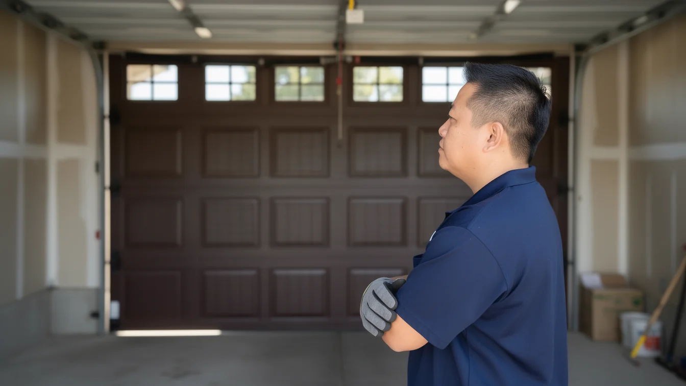 A technician in a blue shirt and gloves stands in a garage with a brown door.