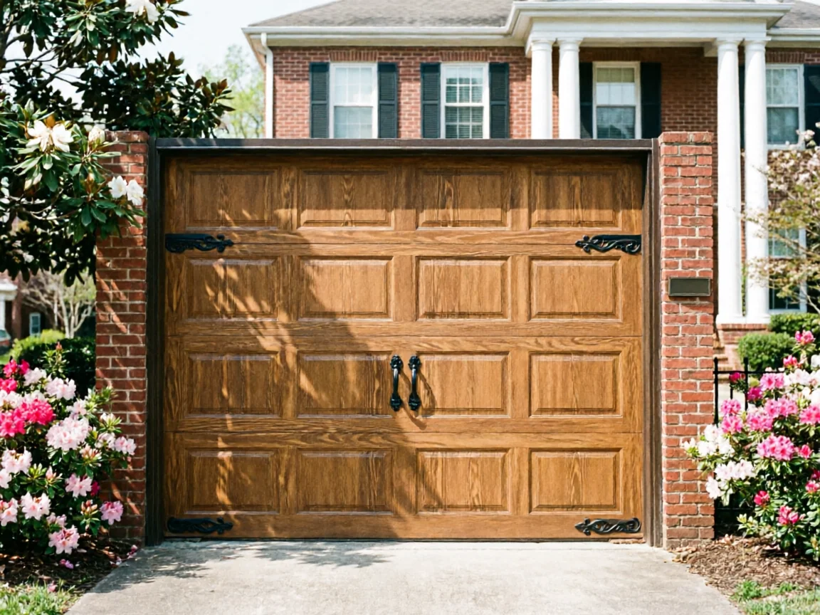 A wooden garage door with decorative black hardware is surrounded by brick pillars and flowers.